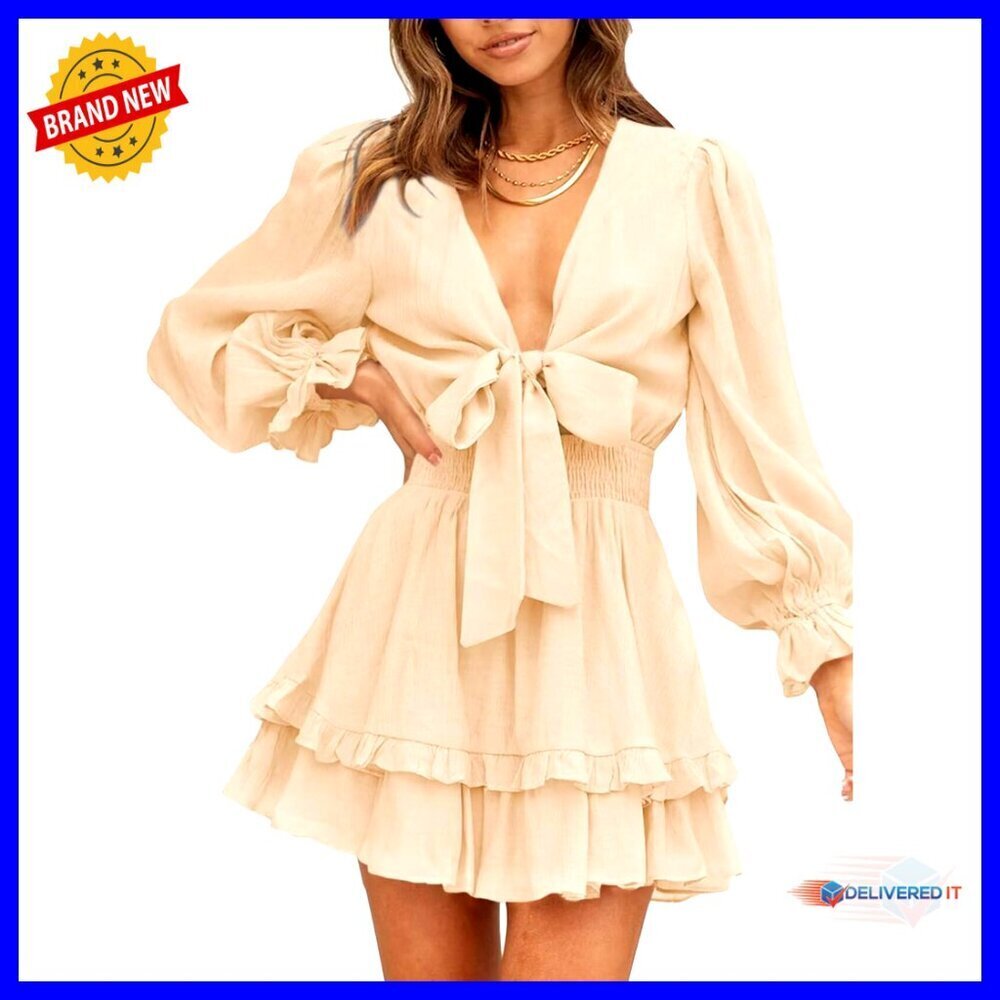 Ruffle Elegant Long Sleeve Empire Waist Tie Knot Chiffon Boho Swing Mini Dress